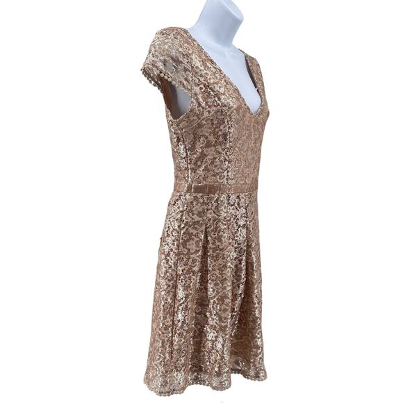 C. Luce Gold Champagne Sequin Mini Dress WMNS S Partywear V-neck Pleated Cap Sl - Picture 3 of 7
